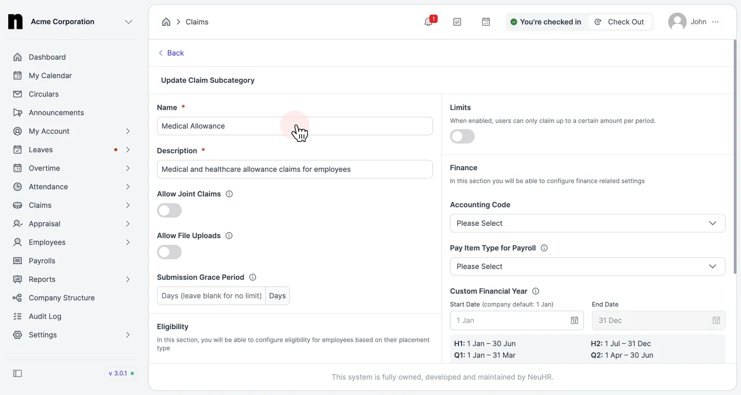 Update Claim Subcategory form