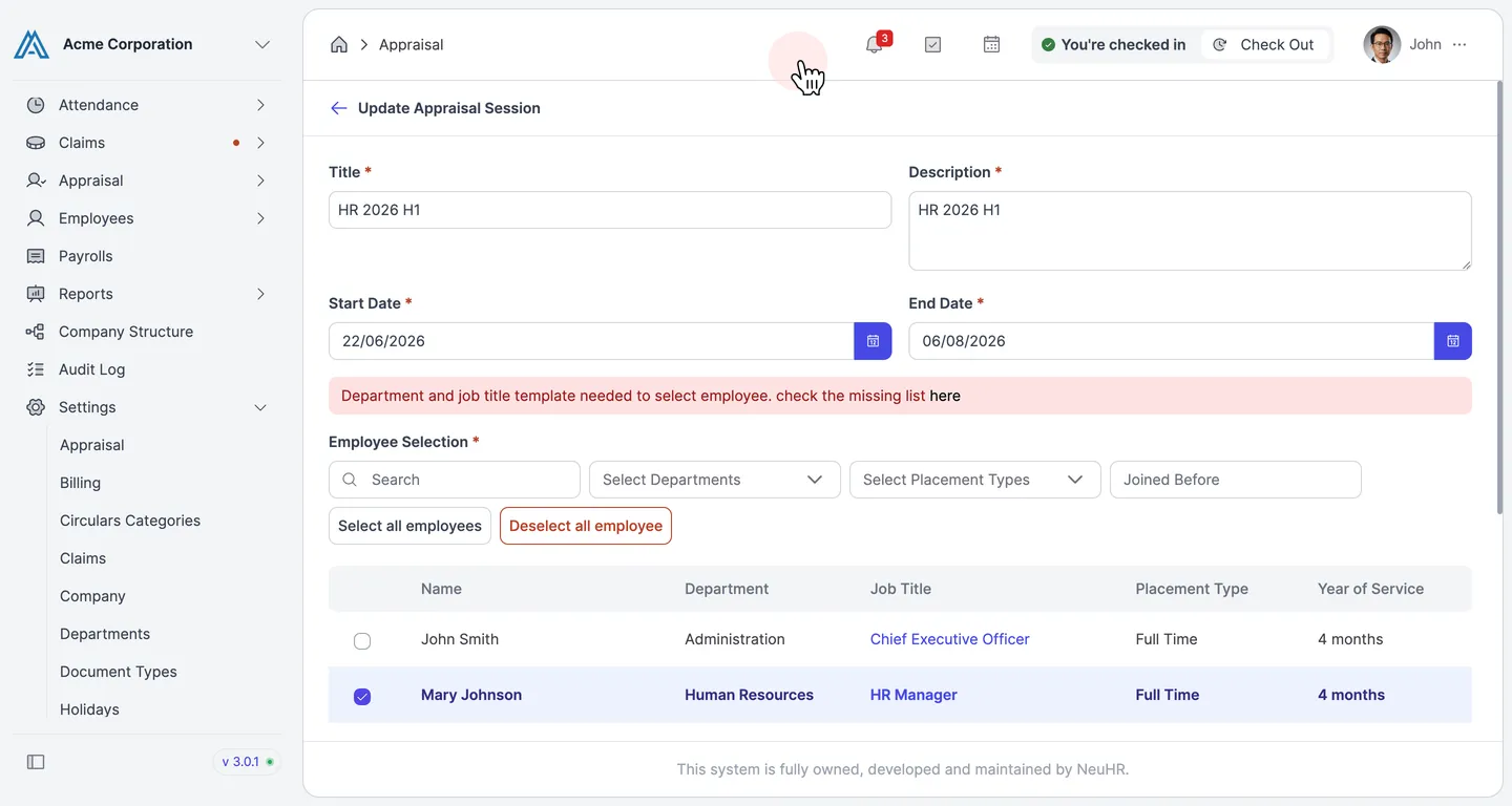 Update Appraisal Session form