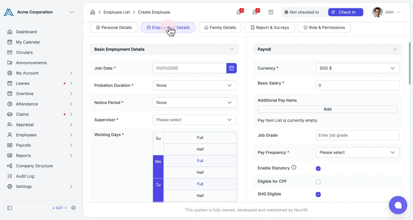Employment Details tab showing Basic Employment Details and Payroll sections