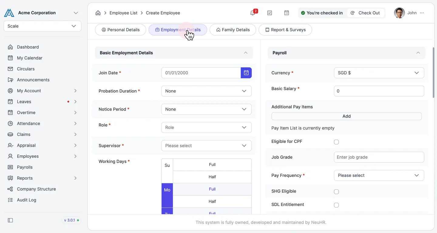 Employment Details tab showing Basic Employment Details and Payroll sections