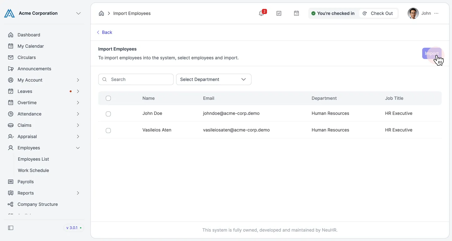 Import Employees preview page listing employees from the CSV file