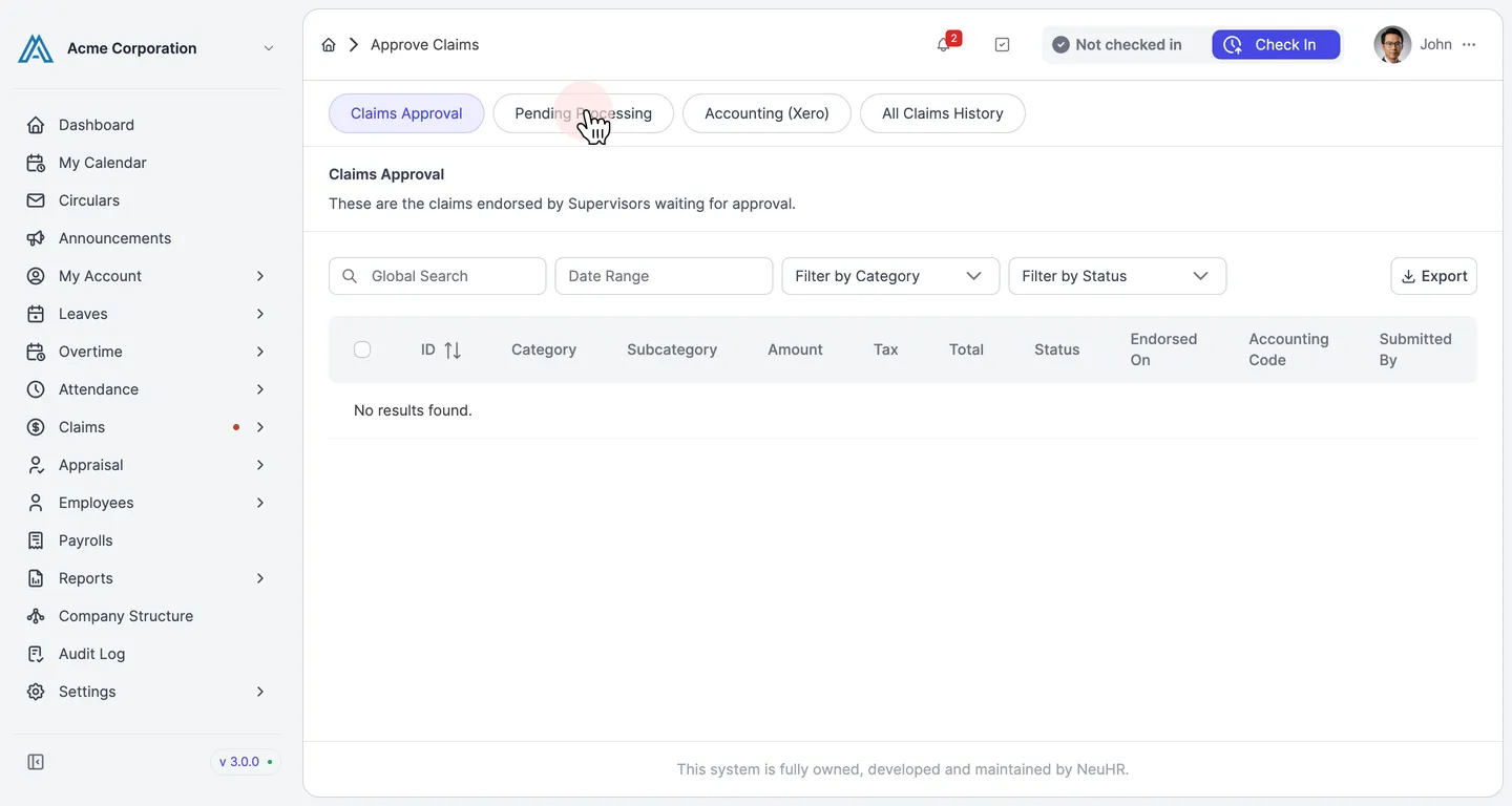 Claims Approval queue after approving — claim moved to Pending Processing