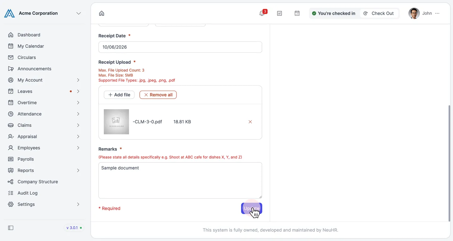 Bottom of Update Claim form showing Remarks field with existing notes and the Update button