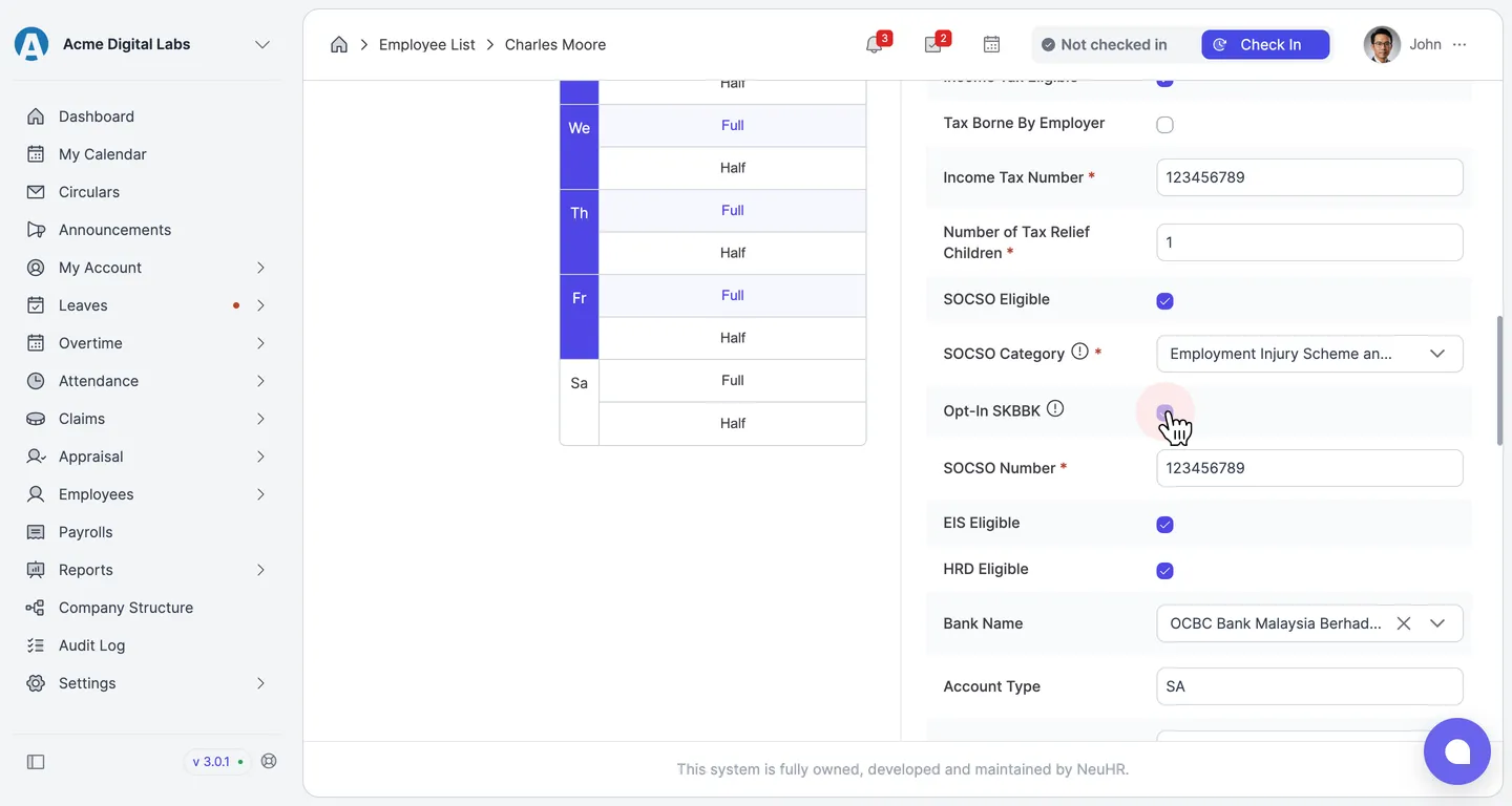 Opt-In SKBBK checkbox in the Payroll section