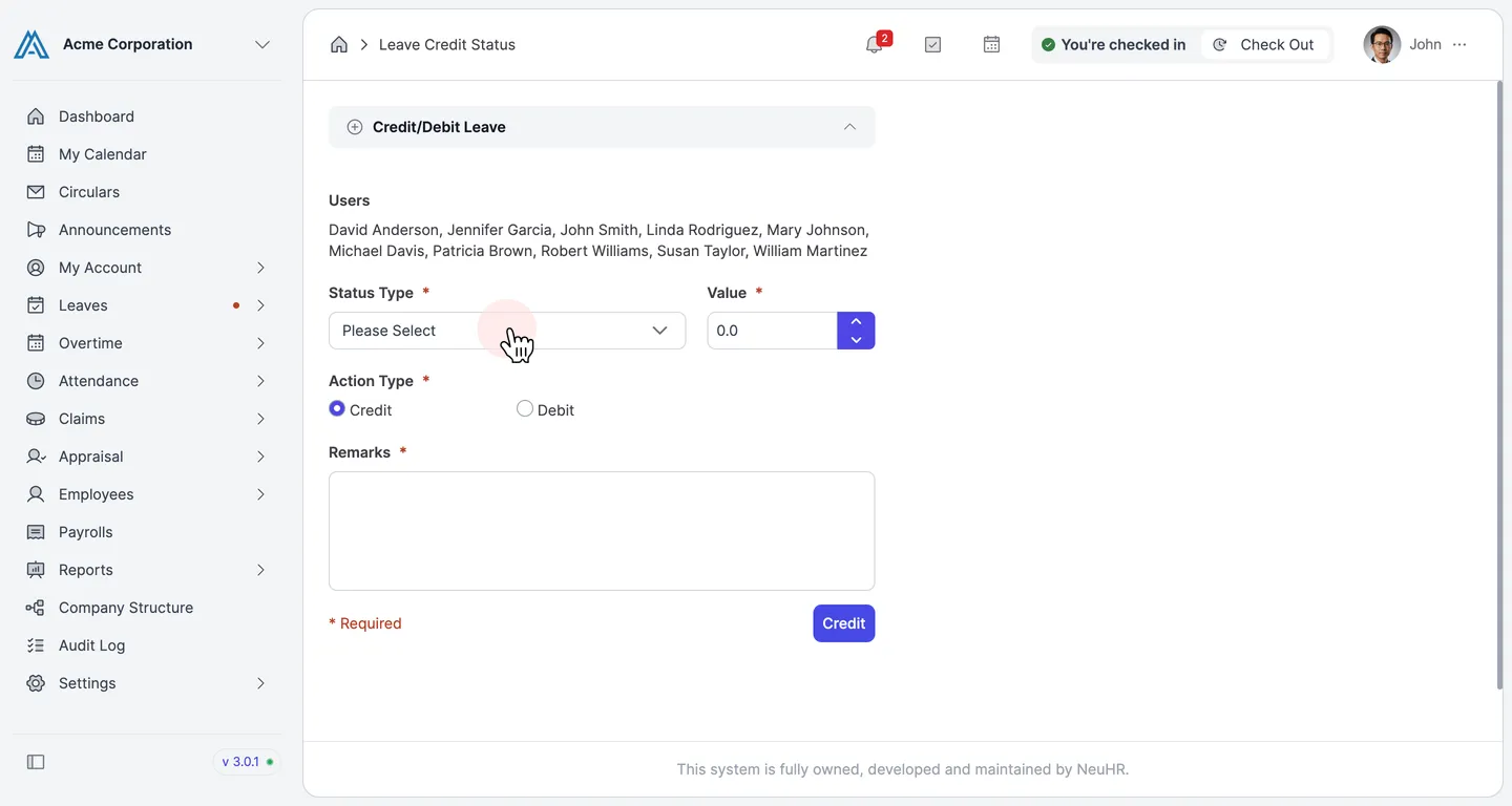 Bulk Credit/Debit Leave form with Users list and Status Type dropdown