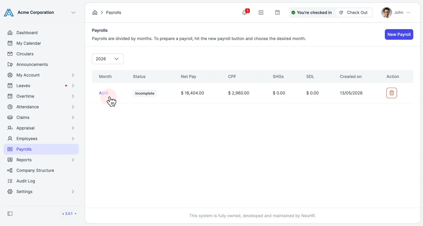 Payroll month removed from the list