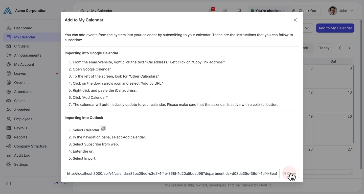 Copy the calendar URL