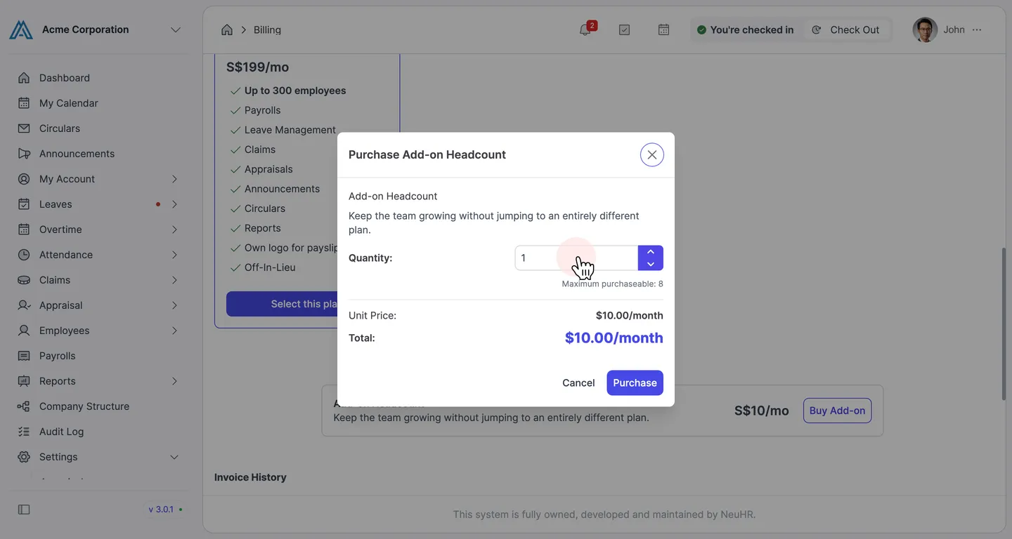 Purchase Add-on Headcount dialog showing Quantity, Unit Price, and Total