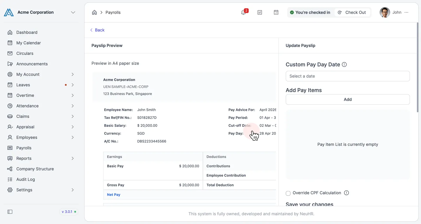 Payslip preview showing Pay Period, Cut-off Date, and Basic Pay fields
