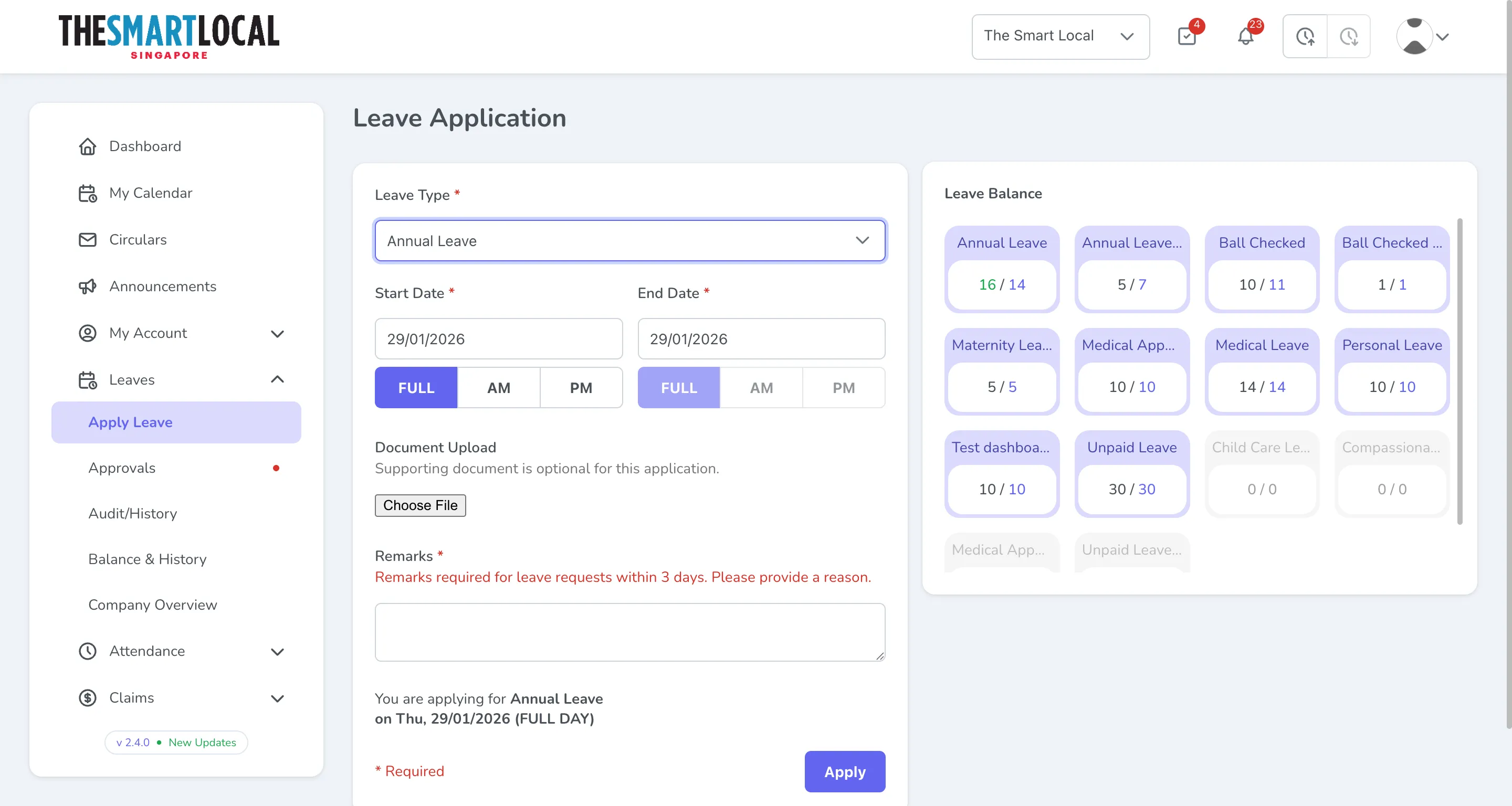 Leave type selected