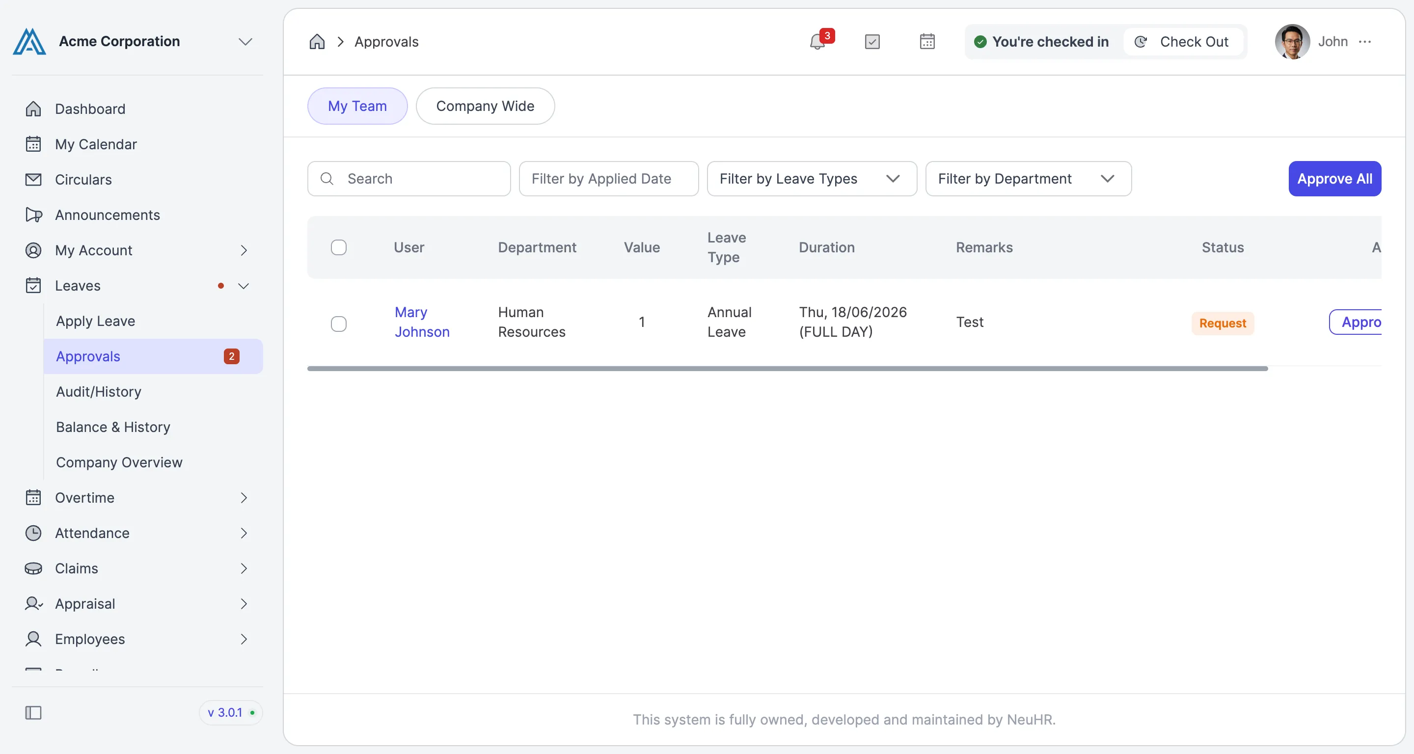 The Approvals page after approval, showing the remaining pending requests