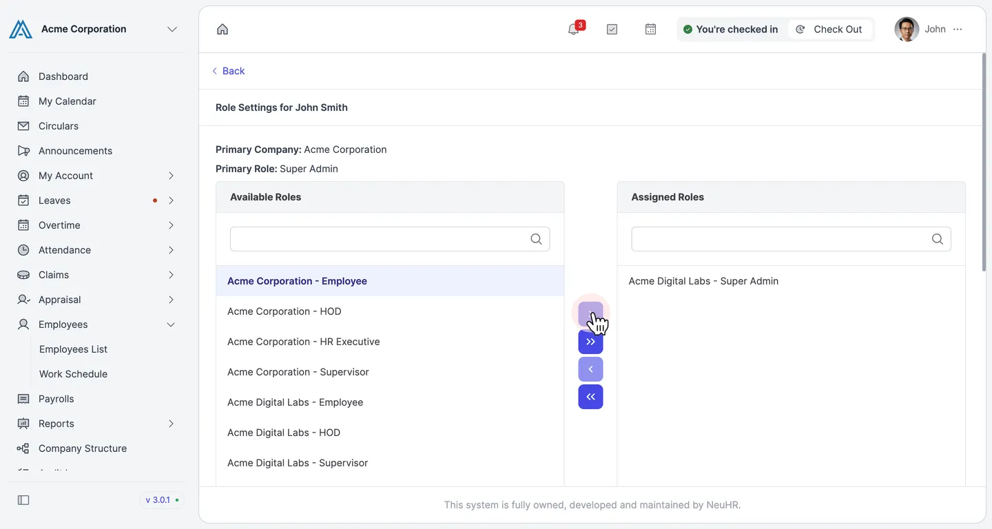 Role Settings page with a role selected in Available Roles and the single-assign arrow button highlighted