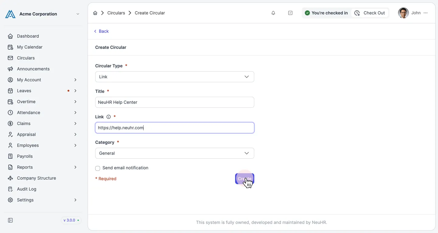 Filled Link form with Title and URL entered, Create button highlighted