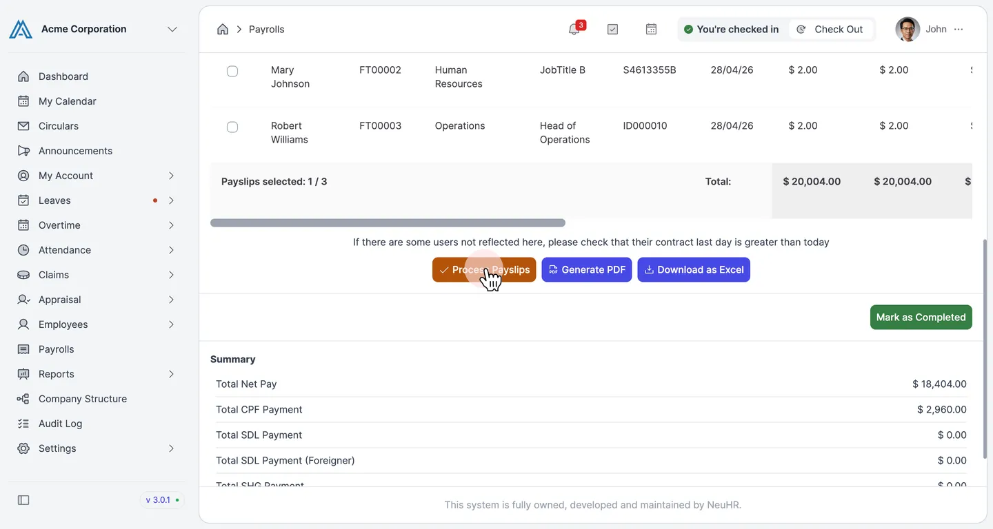 Process Payslips button with selection summary
