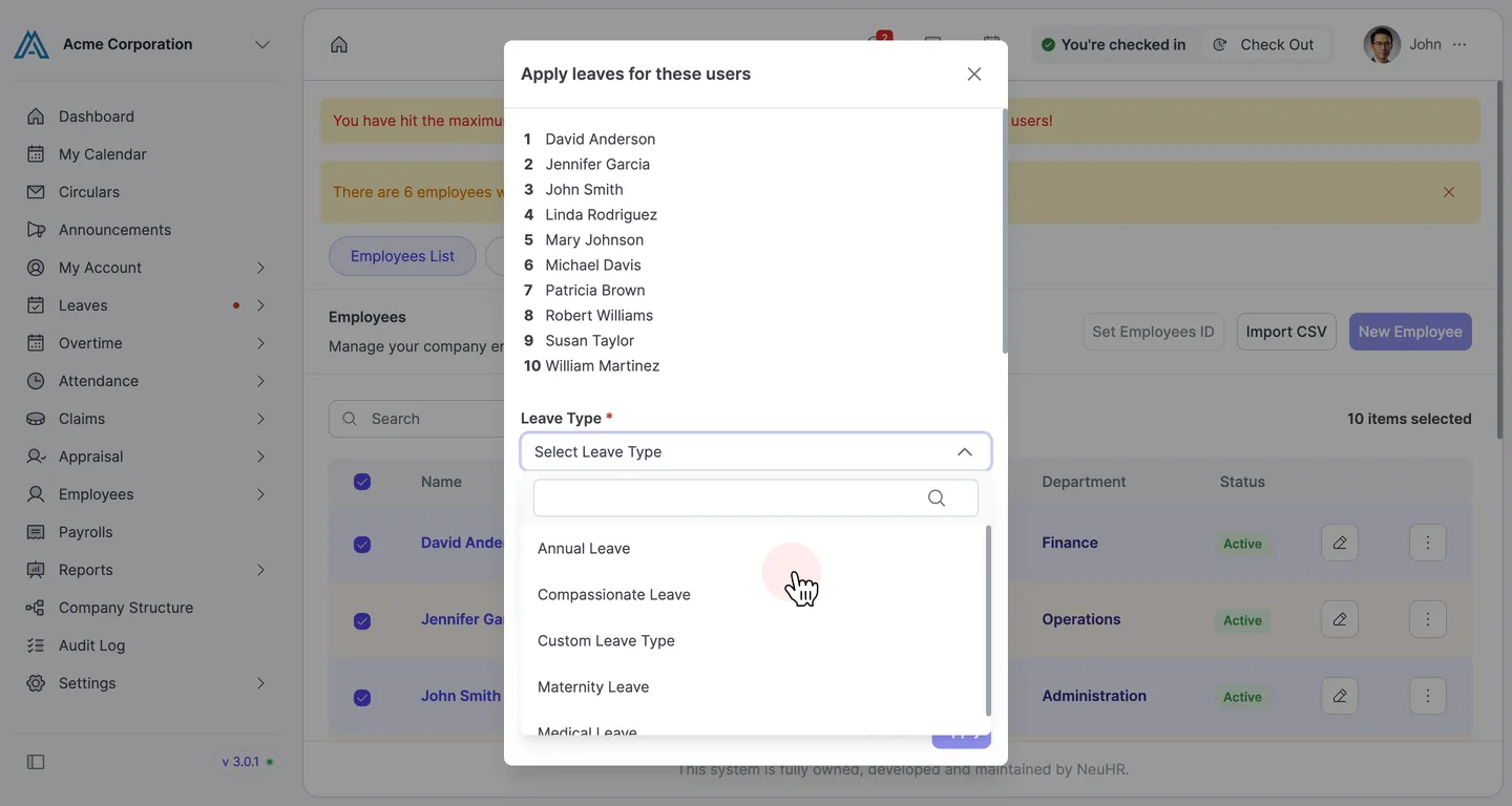 Leave Type dropdown open with leave type options including Annual Leave