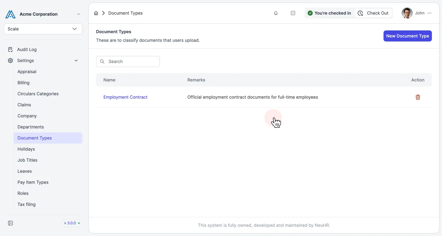 Document Types listing with the entry removed