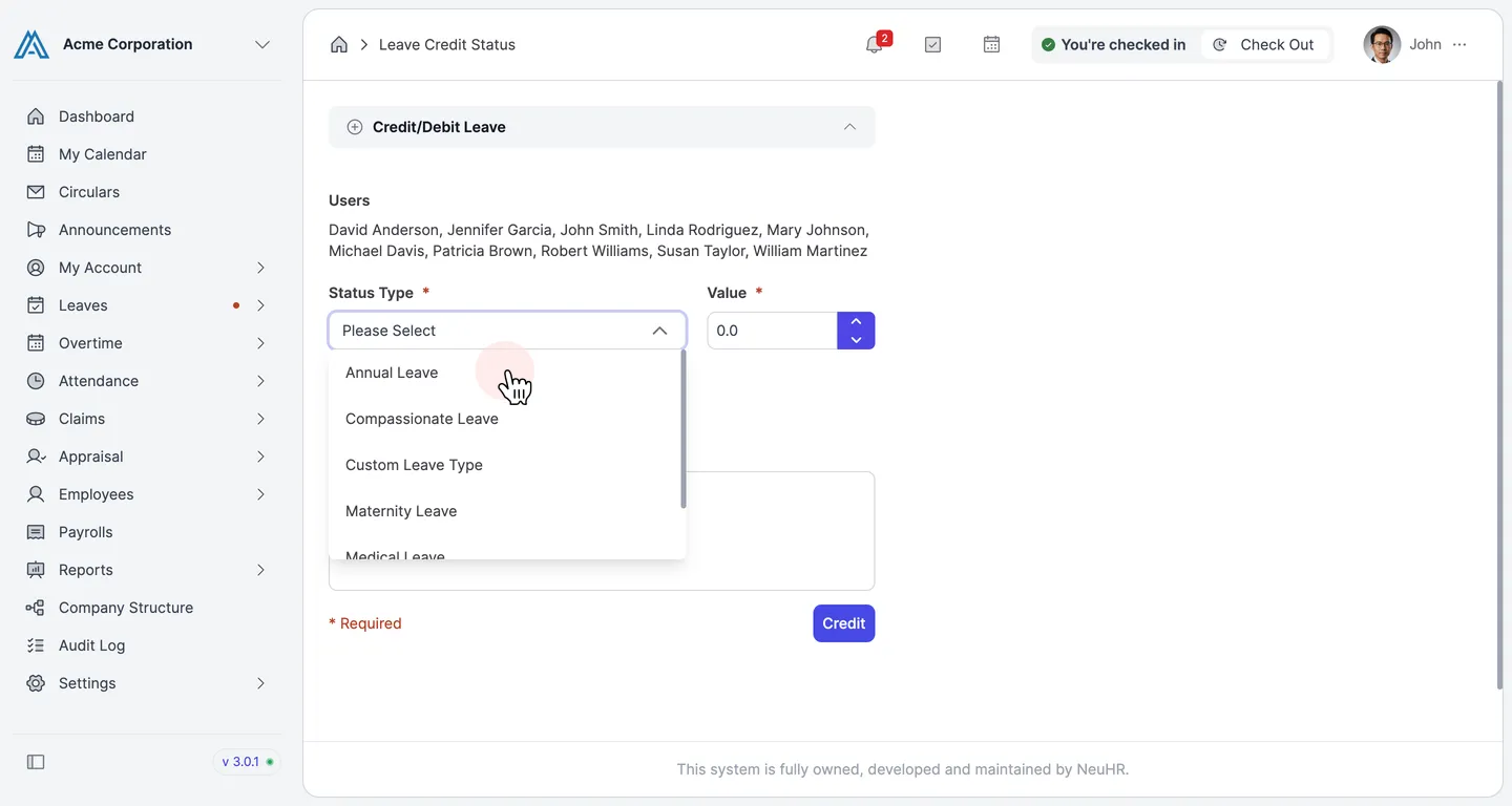 Status Type dropdown open showing available leave types