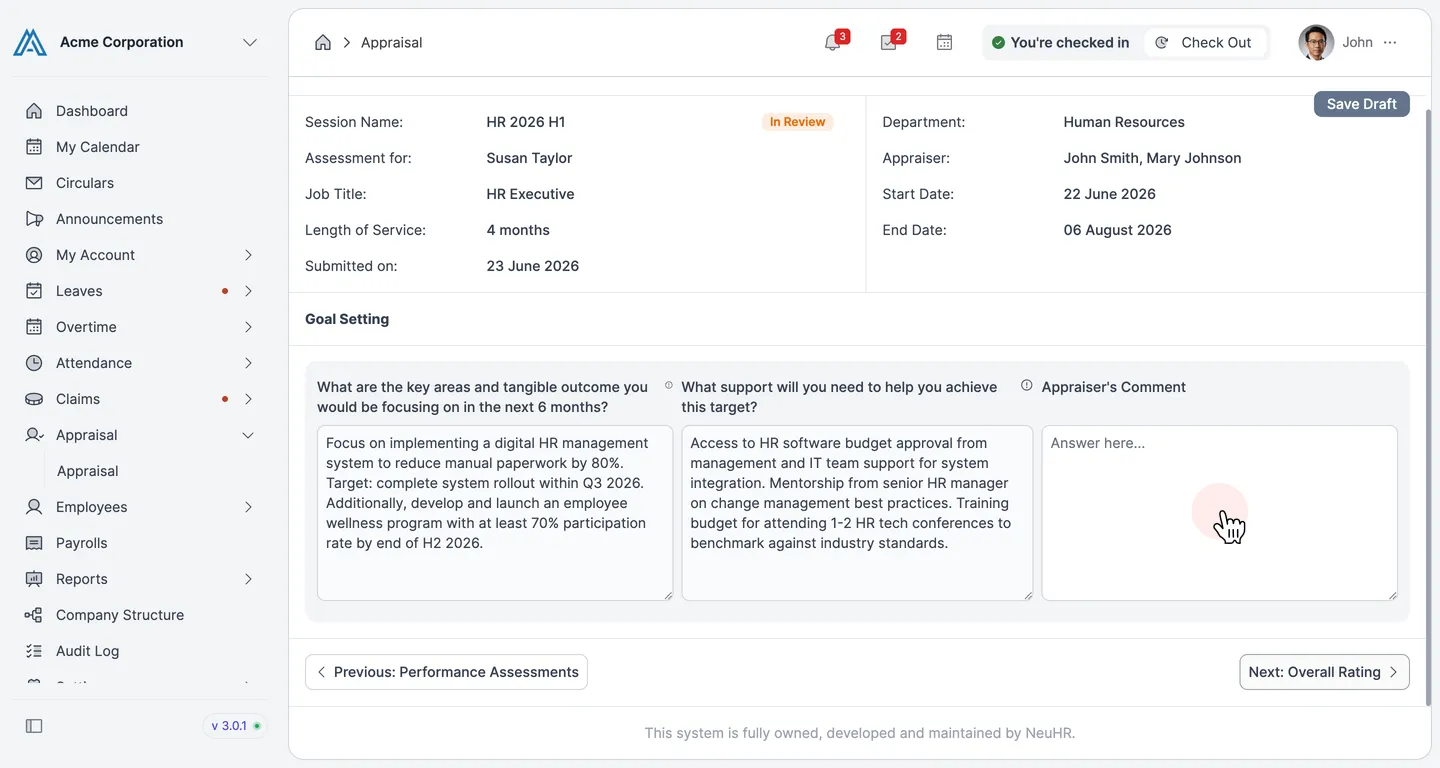 Goal Setting with Appraiser's Comment field