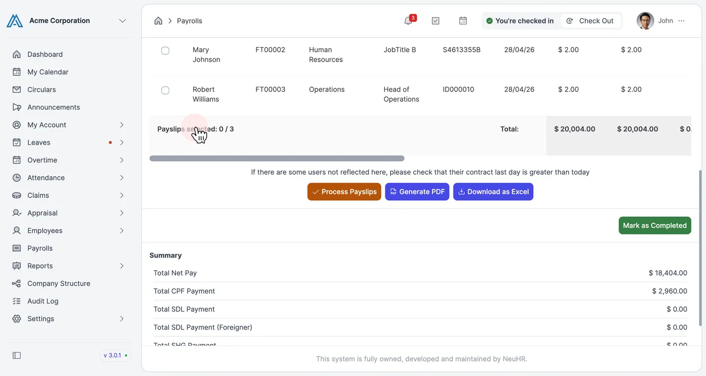 Payroll summary after processing