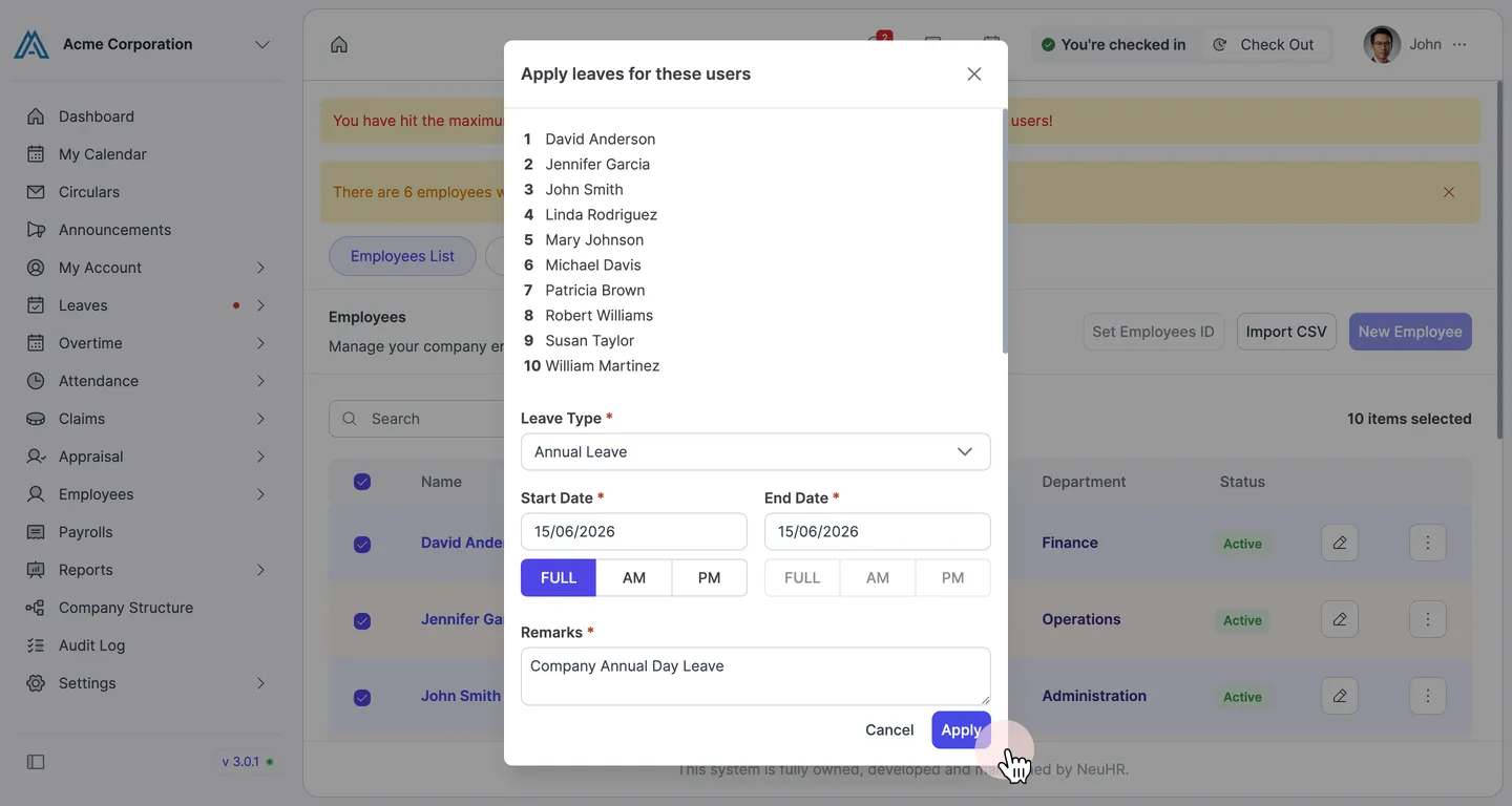 Completed form with Leave Type, dates, Remarks filled in and Apply button highlighted