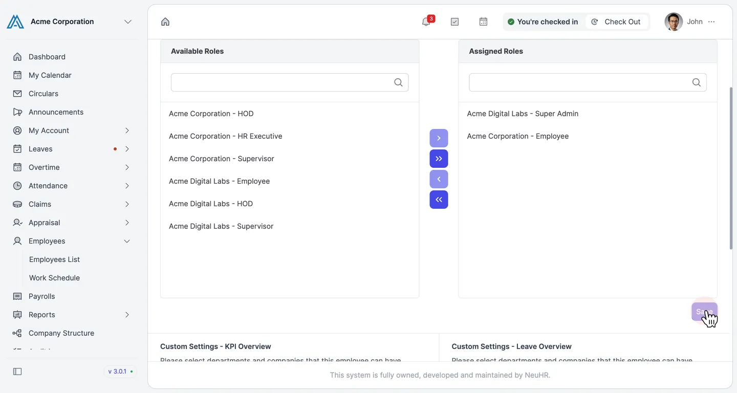 Role Settings page showing the newly assigned role in the Assigned Roles panel with the Save button