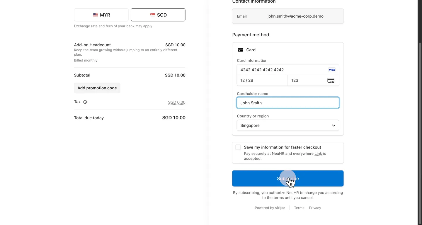 Fill payment details and subscribe
