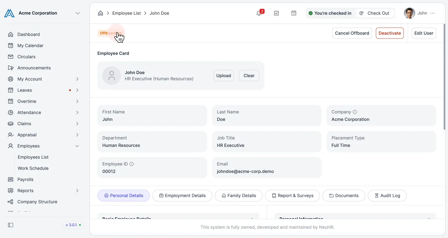 Employee profile showing Offboarding status badge