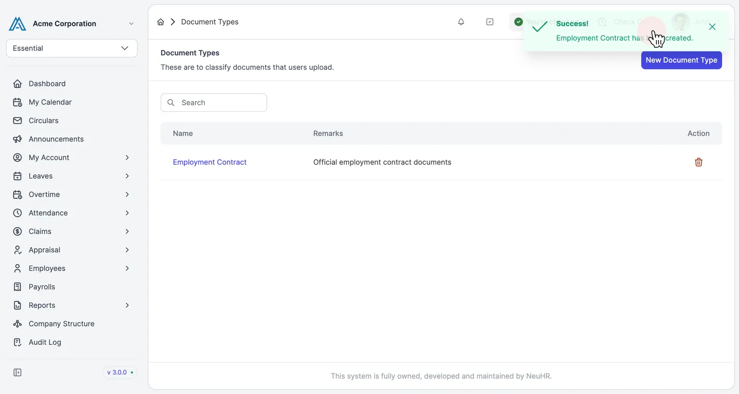 Success notification and new document type in the list
