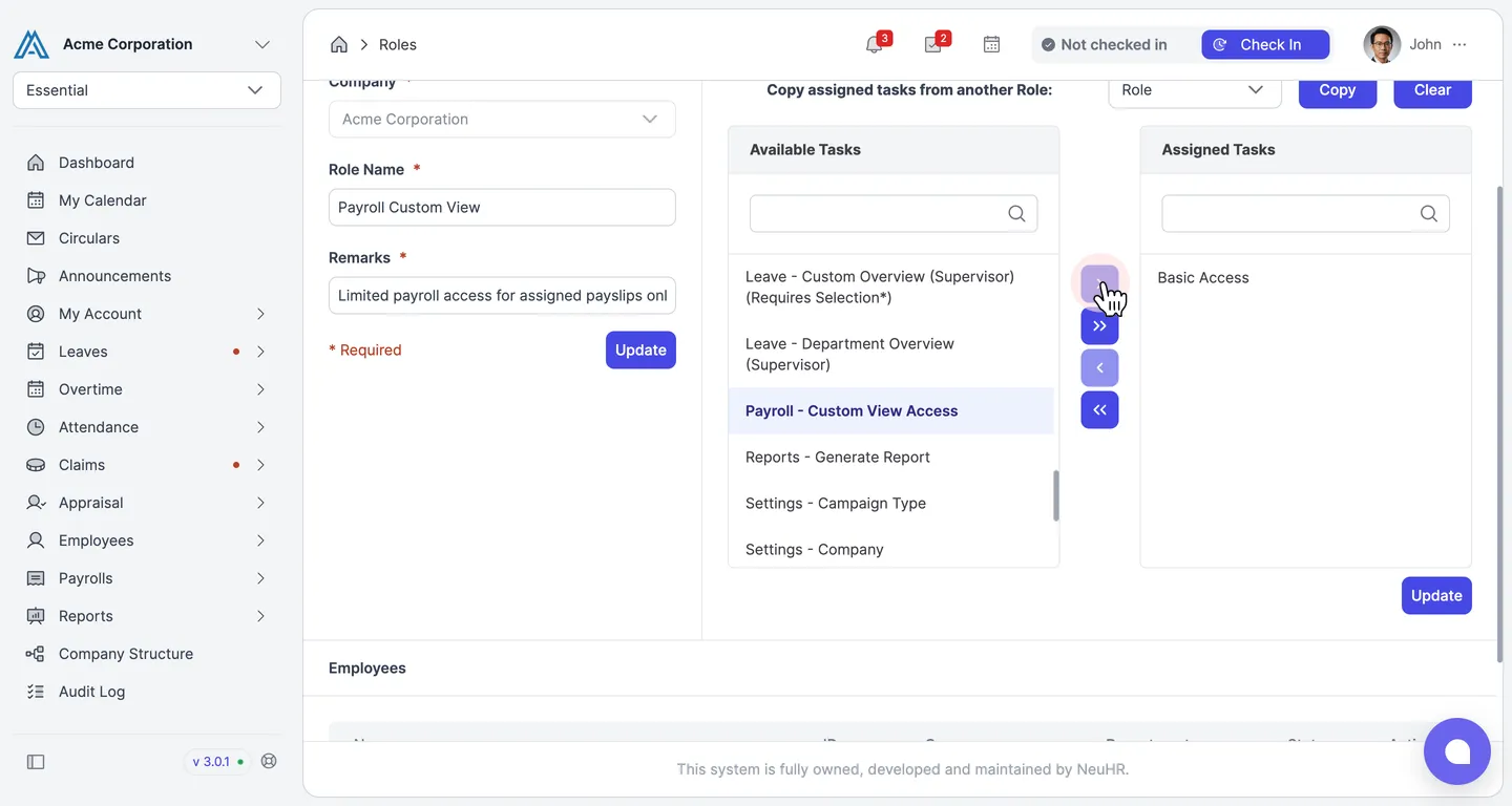 Payroll - Custom View Access selected in Available Tasks