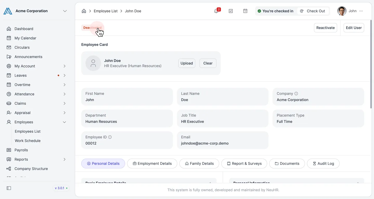 Employee profile showing Deactivated status badge and Reactivate button