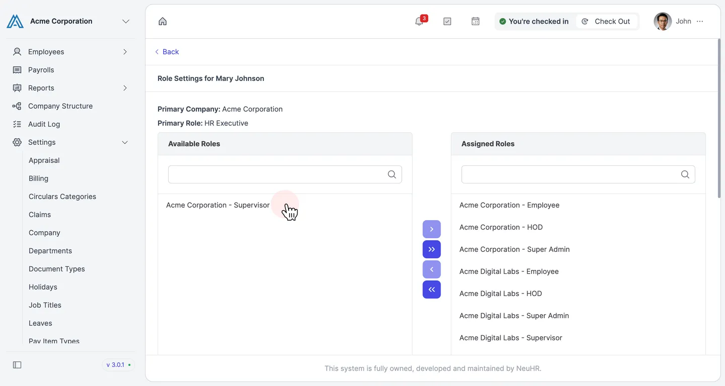 Role Settings page for Mary Johnson showing Available Roles on the left and Assigned Roles on the right