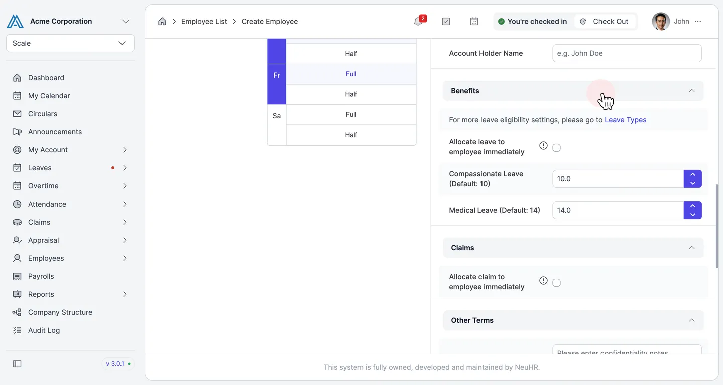 Employment Details tab scrolled down showing Benefits, Claims and Other Terms sections