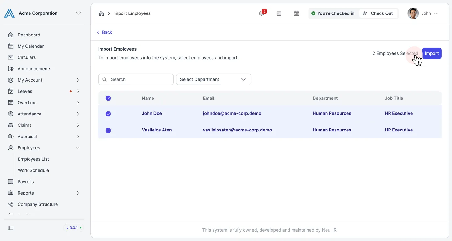 Import Employees page with employees selected showing 2 Employees Selected