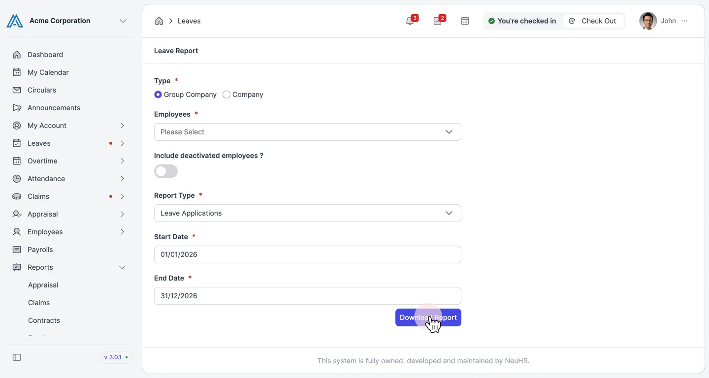 Download Report button