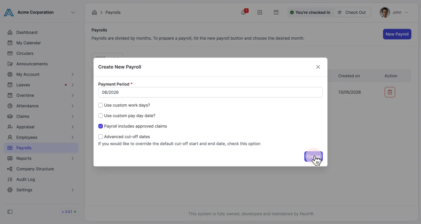 Payment period filled in with Create button ready