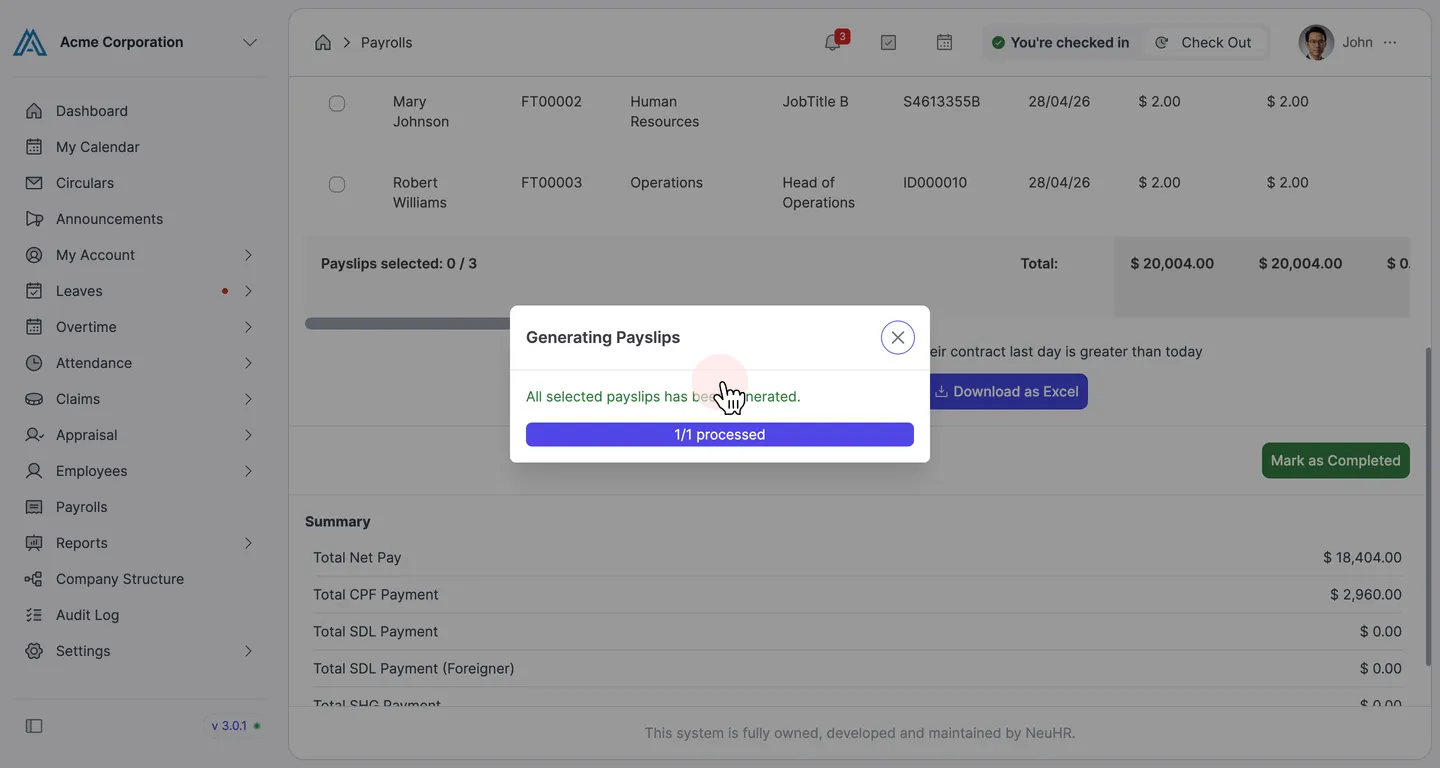 Generating Payslips dialog showing completion