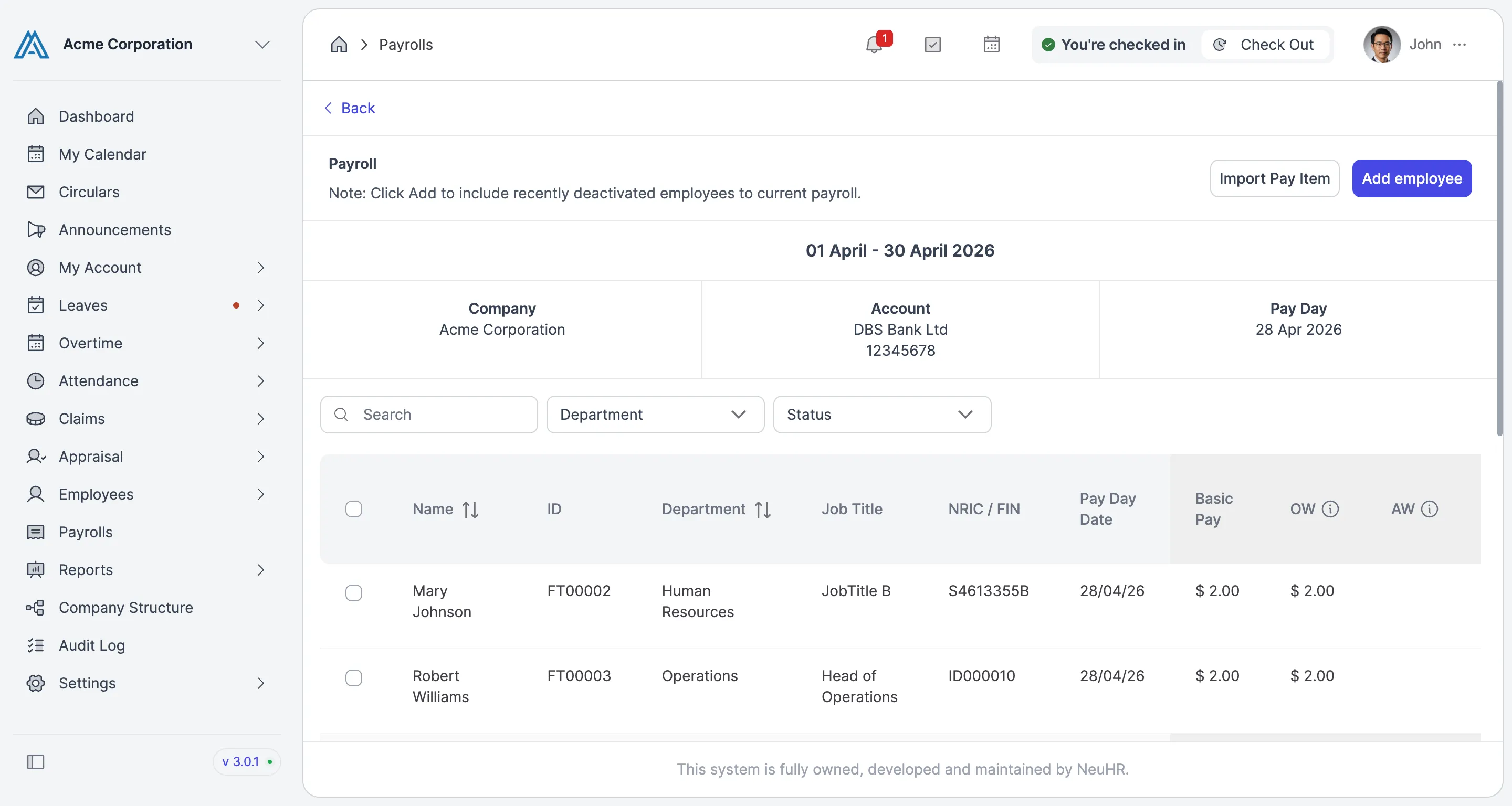 Updated payroll with employee removed