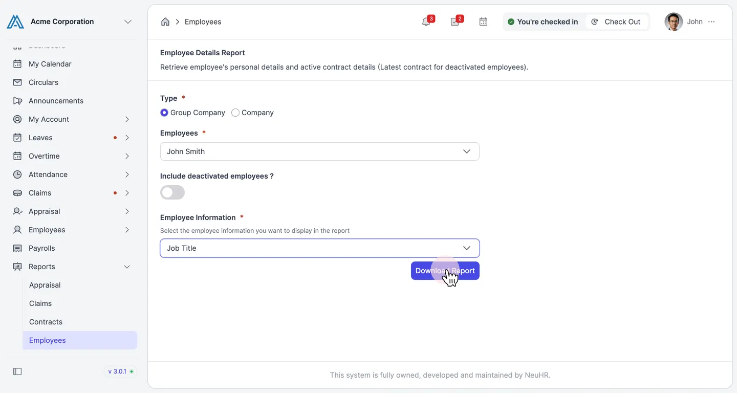 Download Report button