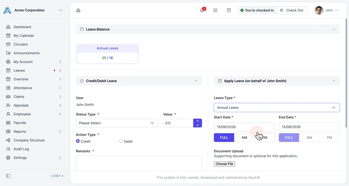Form with Annual Leave selected and dates configured with FULL day