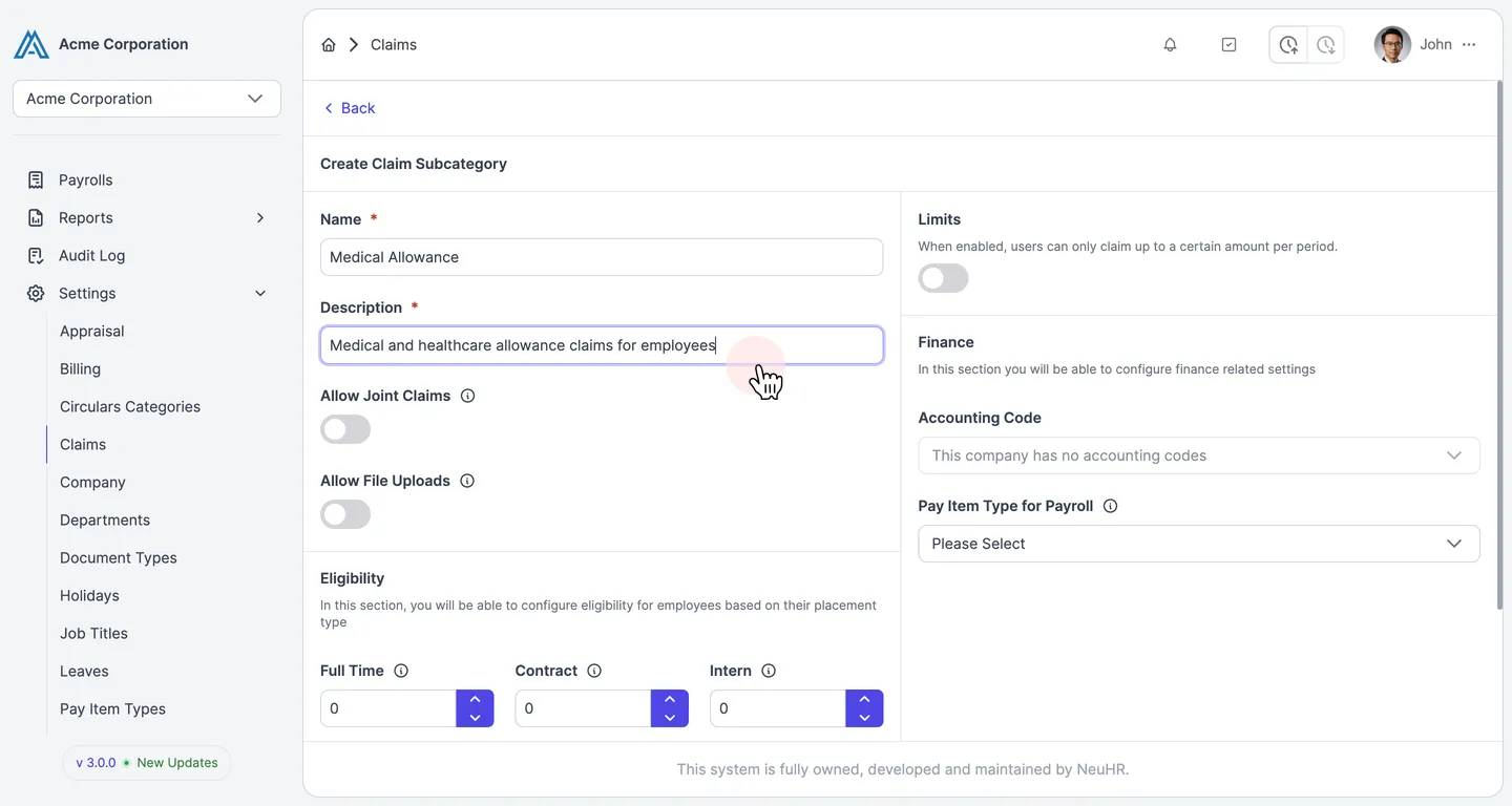 Configure finance settings and click Create