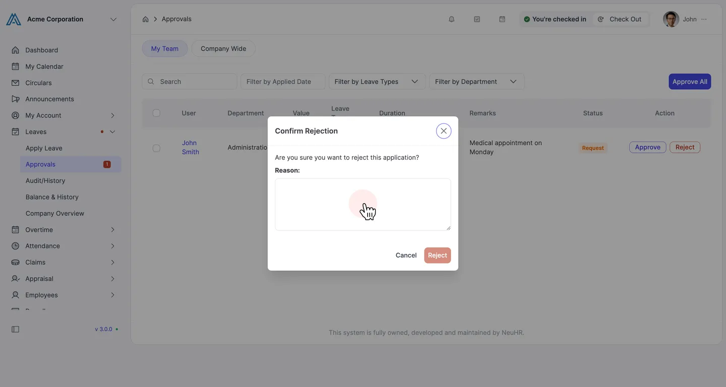 Enter a reason and click Reject in the Confirm Rejection dialog
