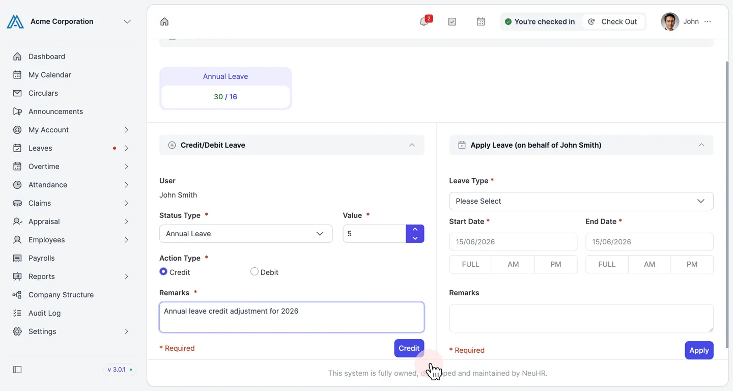 Filled Credit/Debit Leave form with Status Type set to Annual Leave, Value set to 5, Action Type set to Credit, and Remarks filled in
