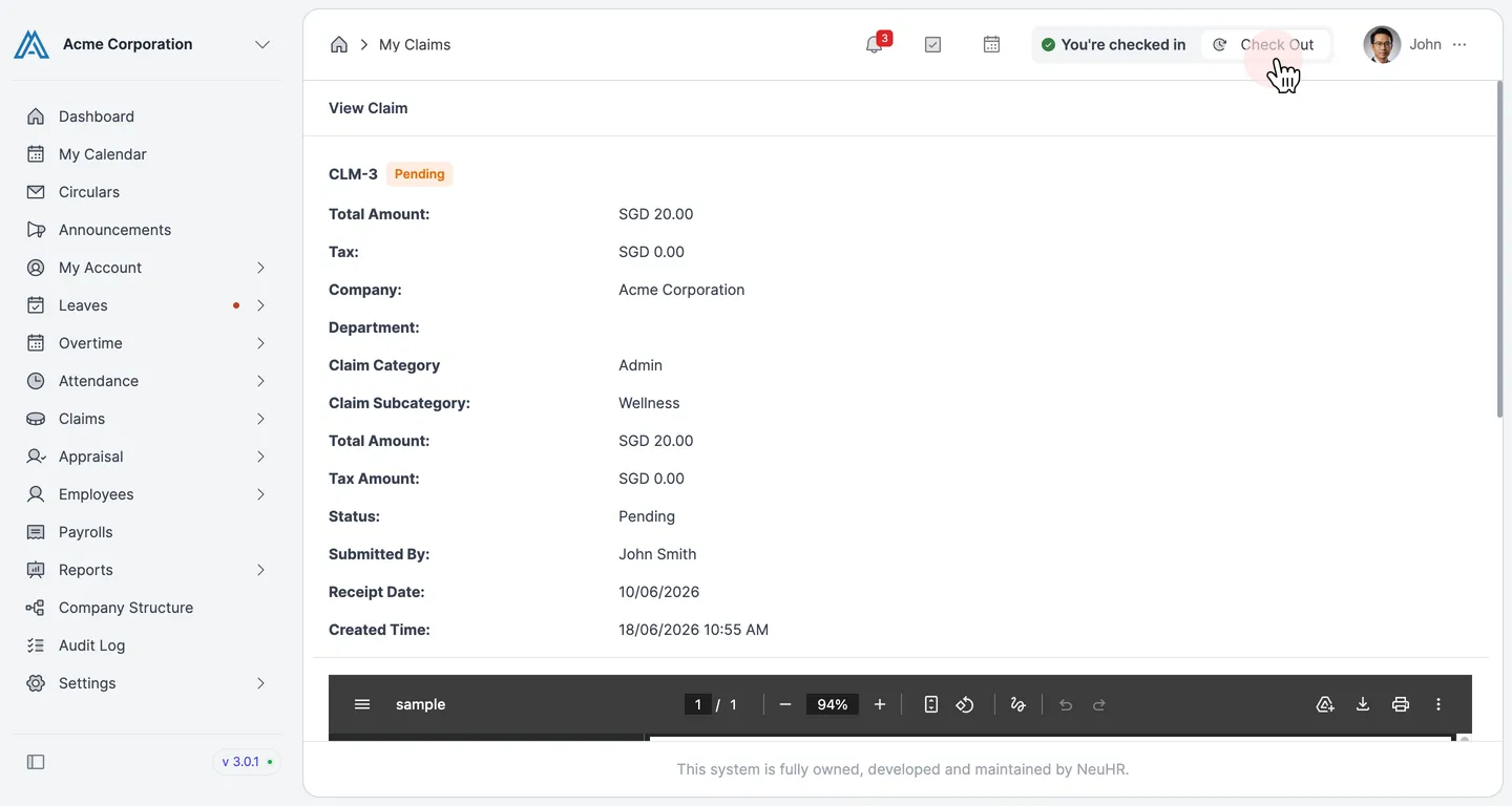 View Claim page with a green "Claim has been updated" success notification