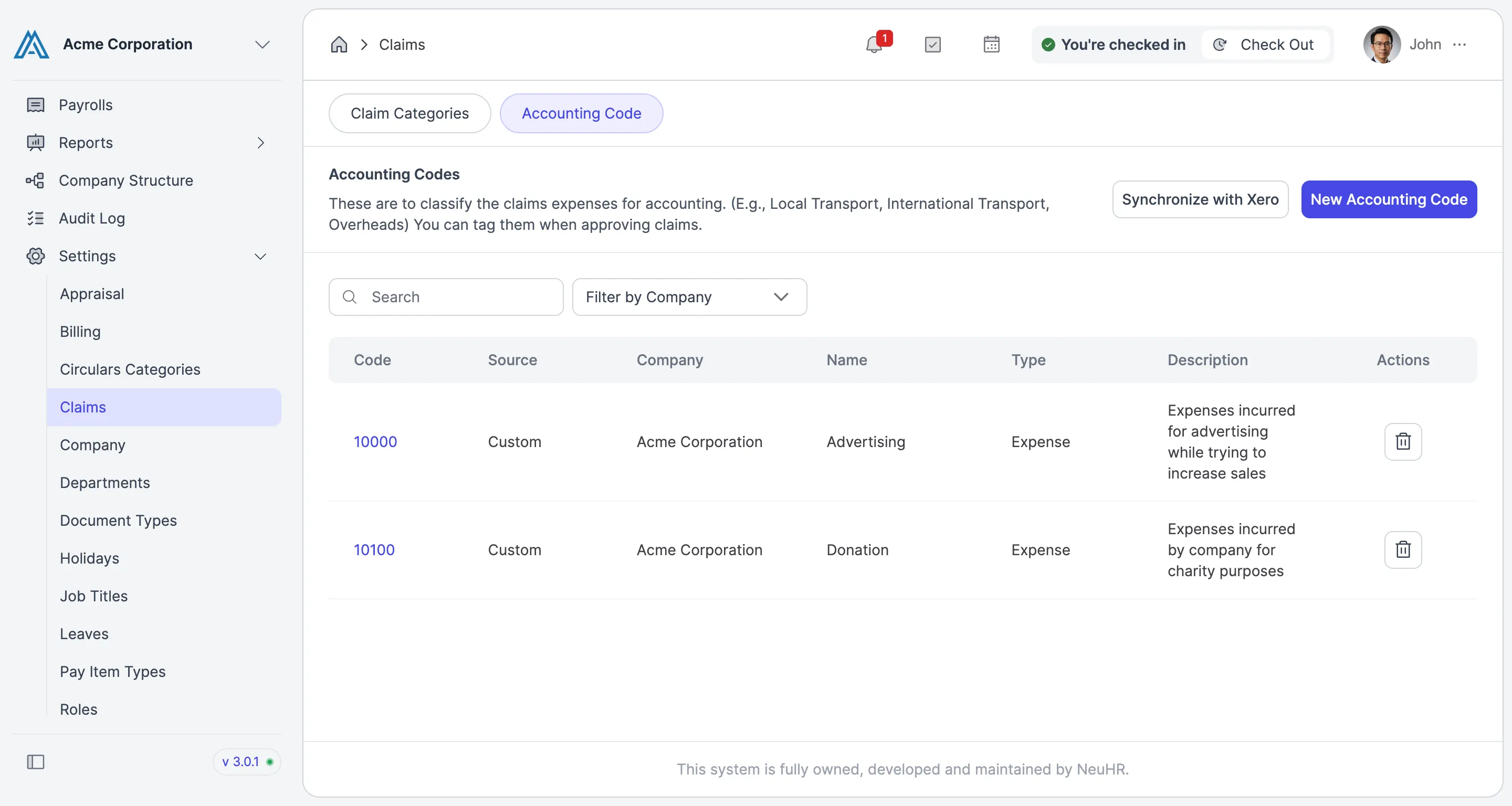 Accounting code removed from the list