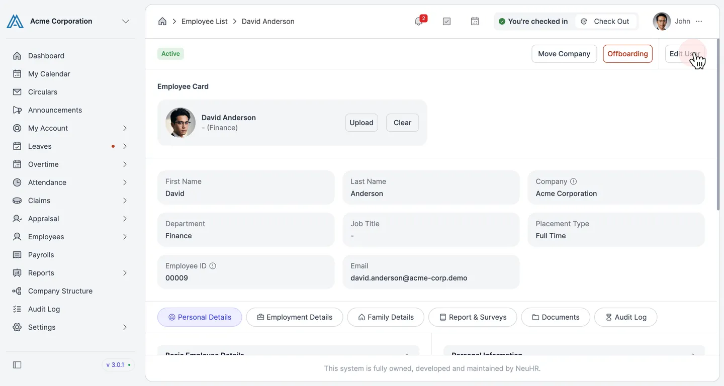 Employee view page after successful update showing Edit User button
