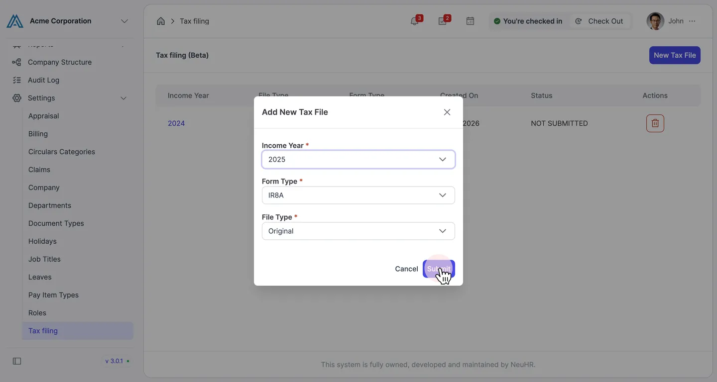 Click Submit to create the tax file