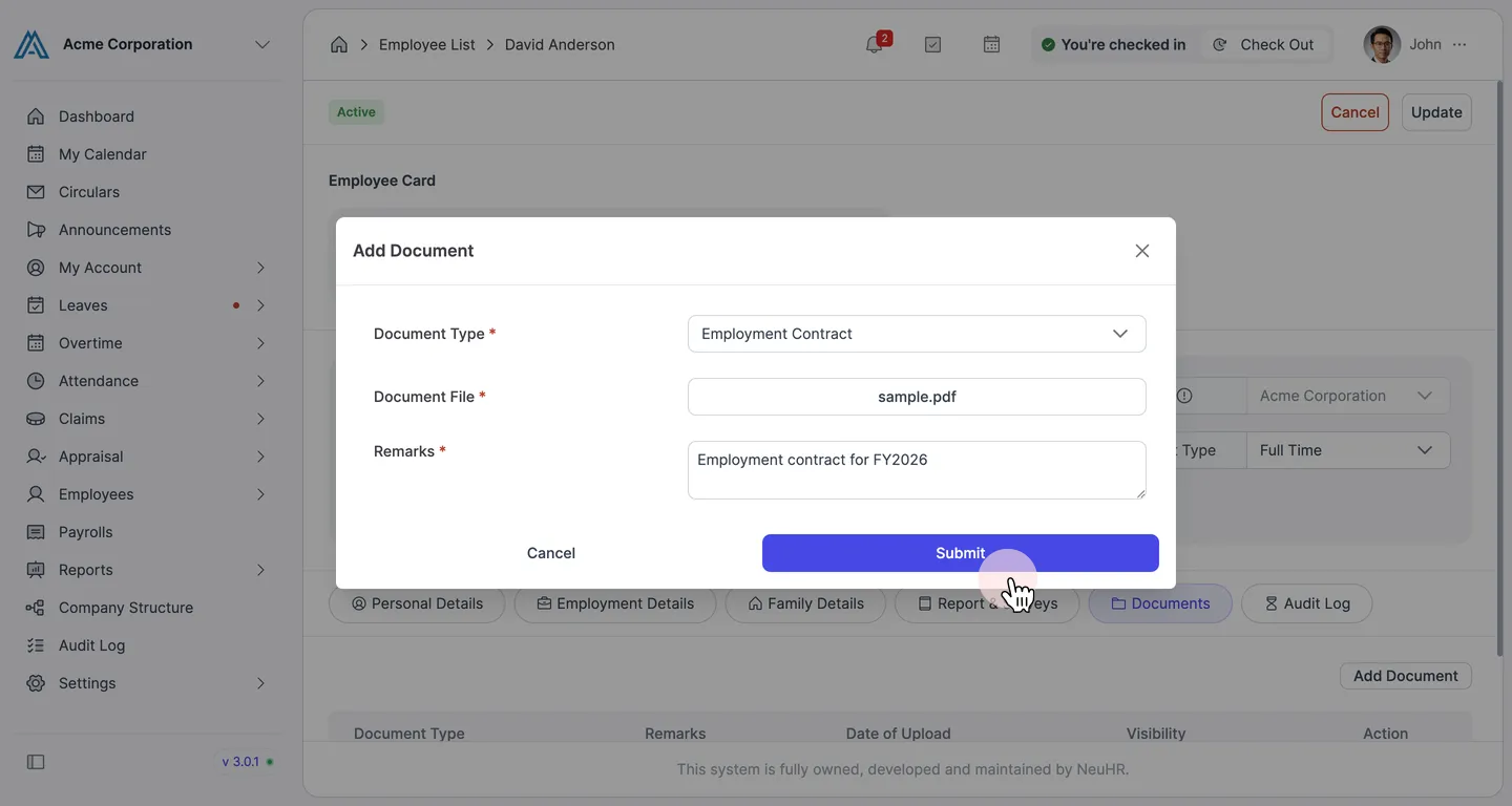 Add Document dialog filled in with Submit button highlighted
