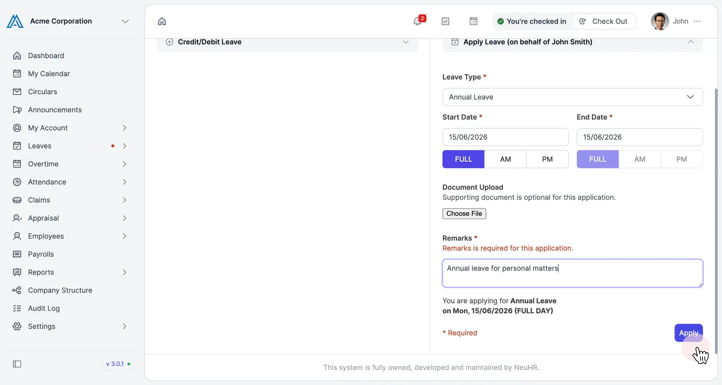 Completed form with Remarks filled in and Apply button highlighted