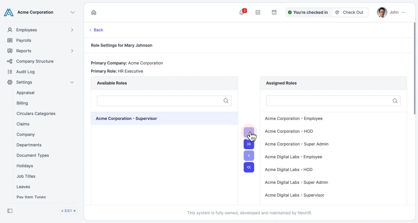 Role Settings page with a role selected in Available Roles and the single-assign arrow button highlighted