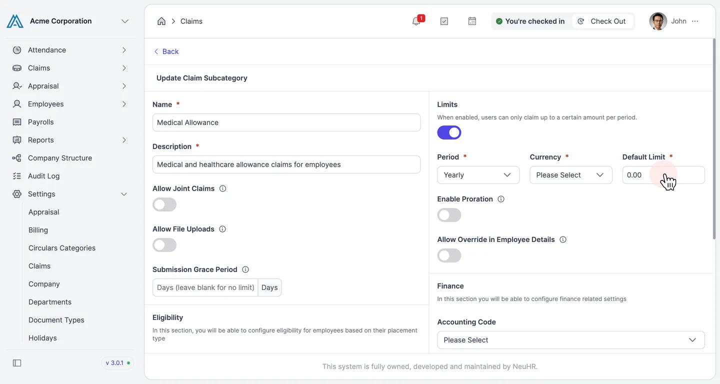 Configure Period, Currency, and Default Limit